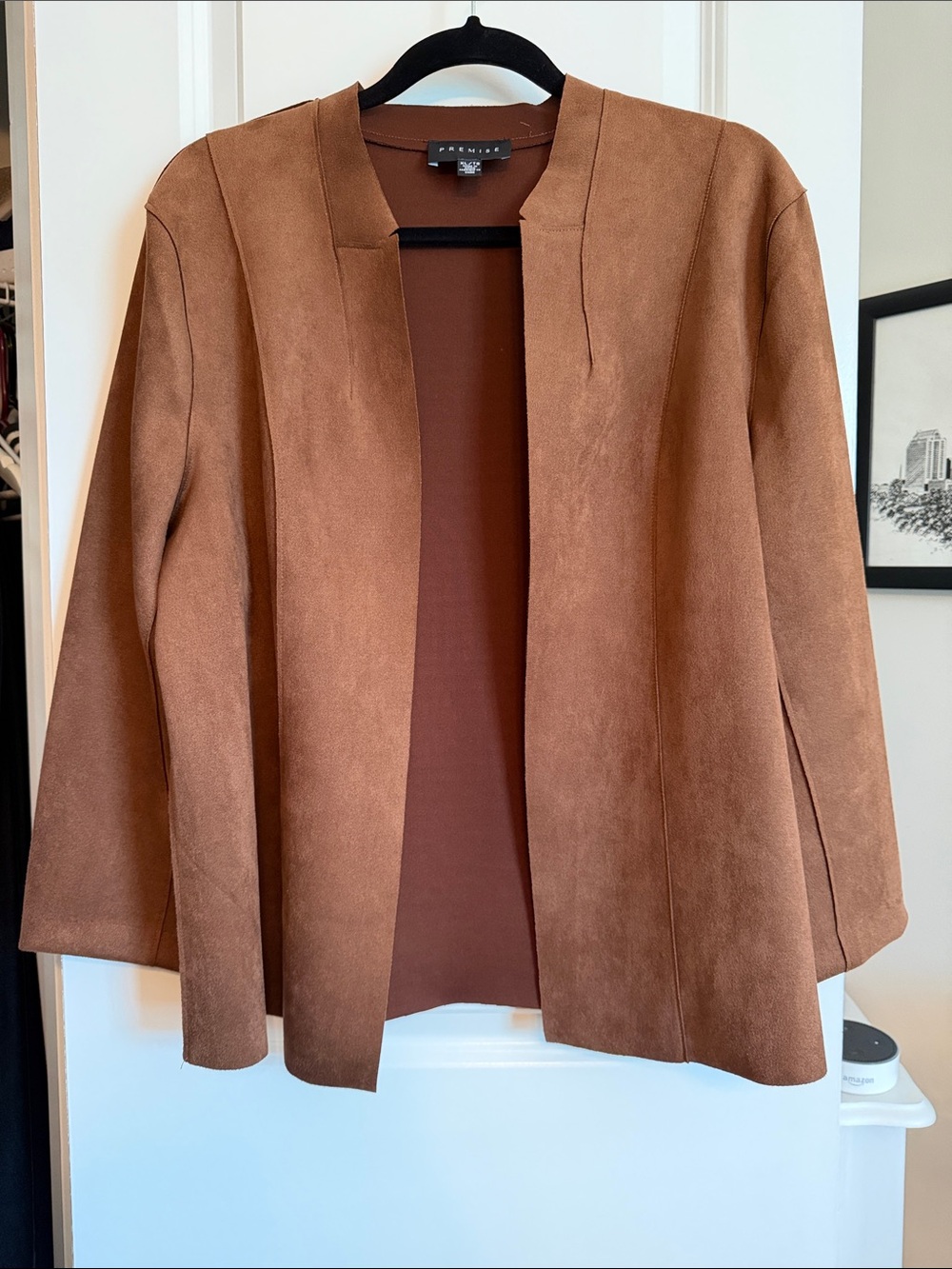 Camel Open-Front Suede-Look Blazer